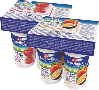 ovocný jogurtový nápoj s nízkým obsahem tuku, obohacený o vitaminy B6, D a vápník. Tuk: 1,0 %.