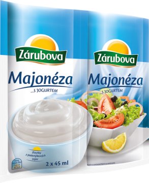 Majonéza s jogurtem. Studená ochucená emulgovaná omáčka. Emulgováno s obsahem tuku 50%.