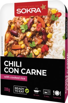 Chili con carne s vařenou rýží 330g SOKRA. Sterilovaný výrobek. 
