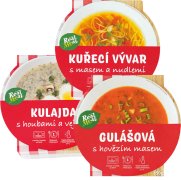 Fotografie produktu Kulajda s houbami a vejcem, 350g ; Kuřecí vývar s masem a nudlemi, 350g ; Gulášová polévka 350g