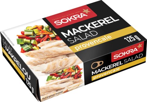 Salát s makrelou Provencale 125g SOKRA. Sterilovaný výrobek.