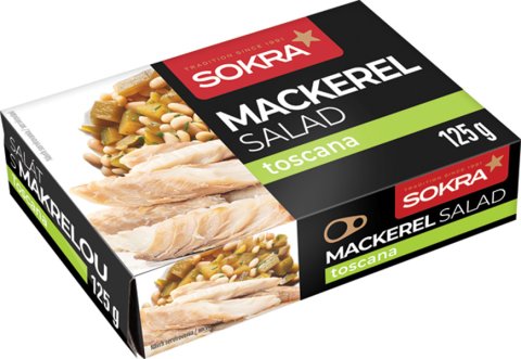 Salát s makrelou Toscana 125g SOKRA. Sterilovaný výrobek.