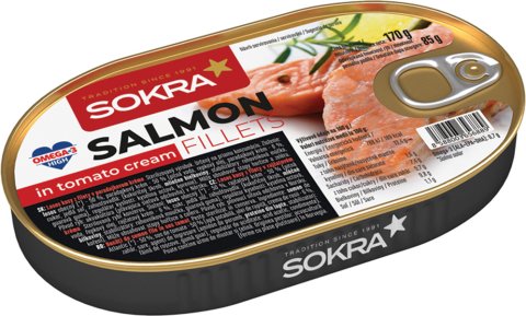 Losos kousky filetů v rajčatovém krému 170g SOKRA. Sterilovaná rybí konzerva