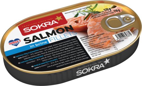 Losos kousky filetů ve vlastní šťávě 170g SOKRA. Sterilovaná rybí konzerva