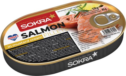 Losos kousky filetů v hořčicovém krému 170g SOKRA. Sterilovaná rybí konzerva